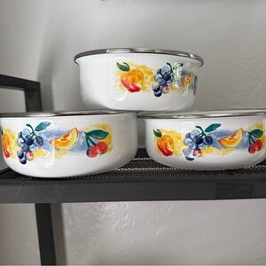 Set of 3 vintage Lincowear enamel fruit Patterned Bowls with Silver Rim